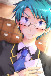 Rule 34 | baka to test to shoukanjuu, blue hair, blush, glasses, kubo toshimitsu, letter, locker, male focus, school uniform