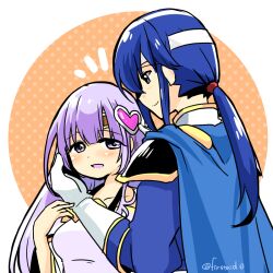 Rule 34 | 1boy, 1girl, blue cape, blue hair, brother and sister, cape, circlet, dress, fire emblem, fire emblem: genealogy of the holy war, hair ornament, headband, holding, implied incest, julia (fire emblem), nintendo, open mouth, ponytail, purple eyes, purple hair, seliph (fire emblem), siblings, simple background, smile, white headband, yukia (firstaid0)