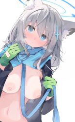 Rule 34 | 1girl, animal ear fluff, animal ears, blazer, blue archive, blue eyes, blue scarf, blush, breasts, cleavage, collar, commentary, covered erect nipples, cross hair ornament, expressionless, gloves, green gloves, grey hair, hair ornament, halo, highres, holding, holding leash, jacket, leash, looking at viewer, medium breasts, mikozin, navel, nipples, open clothes, open jacket, parted lips, scarf, school uniform, shiroko (blue archive), solo, stomach, sweat, upper body, white background, wolf ears