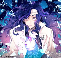 Rule 34 | 1boy, bags under eyes, bandaged head, bandaged neck, bandages, black shirt, blue background, coat, granblue fantasy, lapel pin, long hair, looking at viewer, male focus, messy hair, open collar, orologia (male), parted lips, pov, pov hands, purple eyes, purple hair, reaching, rimuro, shards, shirt, solo, straight-on, surprised, swept bangs, transparent, upper body, wavy hair, white coat, wide-eyed