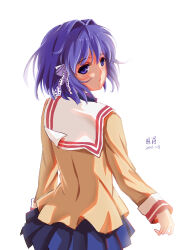 Rule 34 | 1girl, 2016, absurdres, arm at side, blazer, blue skirt, blush, clannad, commentary, dated, floating hair, from behind, fujibayashi ryou, hair between eyes, hair intakes, hair ribbon, highres, hikarizaka private high school uniform, jacket, long sleeves, looking at viewer, looking back, miniskirt, painttool sai (medium), parted lips, pleated skirt, purple eyes, purple hair, ribbon, sailor collar, school uniform, short hair, simple background, skirt, solo, standing, tress ribbon, upper body, white background, white ribbon, white sailor collar, xiaobanbei milk, yellow jacket