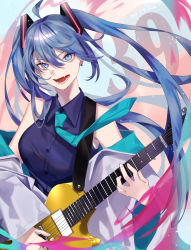 Rule 34 | 1girl, 39, absurdly long hair, absurdres, adapted costume, ahoge, aqua eyes, aqua hair, aqua necktie, artist name, artist request, bad id, bad pixiv id, blue eyes, blue hair, breasts, buttons, collared shirt, commentary, ear piercing, electric guitar, fangs, female focus, floating hair, gibson les paul, gradient hair, guitar, hair between eyes, hatsune miku, highres, instrument, jacket, unworn jacket, long hair, medium breasts, multicolored hair, music, necktie, off-shoulder shirt, off shoulder, open mouth, piercing, playing instrument, shirt, shoulder strap, solo, twintails, upper body, very long hair, vocaloid, w@i, wind, wind lift