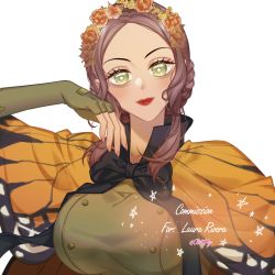 Rule 34 | 1girl, braid, breasts, brown hair, butterfly cape (webtoon), butterfly costume, buttons, cape, cloak, commission, elva (butterfly cape), flower, green eyes, green shirt, hair flower, hair ornament, hand on own face, head wreath, highres, large breasts, long sleeves, monarch butterfly, okitafuji, red lips, shirt, side braid, solo, upper body, white background, witch