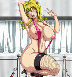 Rule 34 | aihara yui, asakura yuu (-unlimited), blonde hair, blue eyes, blush, breasts, curvy, covered erect nipples, fishnet legwear, fishnets, hair ornament, highres, huge breasts, long hair, mole, nipple slip, nipples, one breast out, slingshot swimsuit, smile, standing, standing on one leg, swimsuit, thick thighs, thighhighs, thighs, v