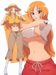 Rule 34 | 1girl, absurdres, blush, breasts, brown eyes, brown pants, clothes lift, drawstring, earrings, hat, highres, jewelry, large breasts, long hair, midriff, multiple views, nami (one piece), one piece, opalis, open mouth, orange hair, pants, shirt lift, shoulder tattoo, simple background, socks, tattoo, underboob, white background, white socks