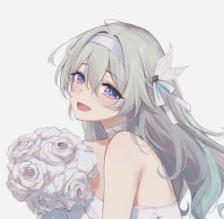 Rule 34 | 1girl, :d, absurdres, bouquet, butterfly hair ornament, choker, commentary, dress, dress flower, elbow gloves, feint721, firefly (honkai: star rail), flower, gloves, grey background, grey hair, hair between eyes, hair ornament, hair ribbon, hairband, highres, holding, holding bouquet, honkai: star rail, honkai (series), long hair, looking at viewer, open mouth, purple eyes, ribbon, rose, signature, smile, solo, strapless, strapless dress, wedding dress, white choker, white dress, white flower, white gloves, white hairband, white ribbon, white rose