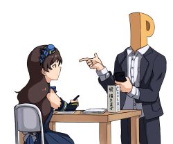 Rule 34 | 1boy, 1girl, back bow, black dress, black jacket, black pants, black sleeves, blue headwear, bow, brown hair, chair, check commentary, commentary request, detached sleeves, dress, escape (idolmaster), expressionless, ggxfan, grey bow, hands up, hat, holding, holding pen, holding phone, idolmaster, idolmaster million live!, idolmaster million live! theater days, index finger raised, jacket, kitazawa shiho, long hair, long sleeves, looking at another, p-head producer, pants, paper, pen, phone, producer (idolmaster), shirt, sitting, table, white background, white shirt, yellow eyes