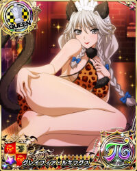 Rule 34 | 1girl, animal ears, animal print, ass, blue bow, bow, bra, braid, breasts, card (medium), chess piece, fake animal ears, fake tail, feet, female focus, grayfia lucifuge, grey eyes, grey hair, hair bow, high school dxd, large breasts, leopard print, long hair, looking at viewer, maid headdress, matching hair/eyes, mature female, official art, panties, print bra, print panties, queen (chess), red lips, sideboob, smile, solo, tail, twin braids, underwear, underwear only