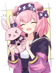 Rule 34 | &gt; &lt;, 1girl, :&lt;, animal ears, arknights, bad arm, blush, border, cat ears, cat girl, character doll, closed eyes, commentary, deyuaru, doll, goldenglow (arknights), hair ornament, hairclip, headband, highres, holding, holding doll, id card, jacket, lightning bolt print, open clothes, open jacket, open mouth, pink hair, pink jacket, shirt, short hair, simple background, smile, solo, stuffed animal, stuffed rabbit, stuffed toy, white background, white shirt, yellow background