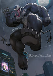 Rule 34 | 1boy, bara, barefoot, building, feet, fingernails, foot against wall, foot focus, glass, highres, male focus, marvel, moon, muscular, muscular male, night, night sky, shan yao jun, sharp fingernails, sharp teeth, sharp toenails, sky, symbiote, teeth, toenails, tongue, tongue out, venom (marvel), window