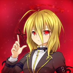 Rule 34 | 1girl, adapted costume, blonde hair, buckle, cross, ex-rumia, halo, red background, red eyes, rumia, short hair, tennenmoe, touhou