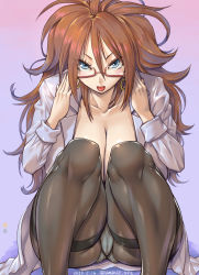 Rule 34 | 1girl, amania orz, android 21, blue eyes, breasts, brown hair, cleavage, dated, dragon ball, dragon ball fighterz, dragonball z, dress shirt, earrings, formal, highres, jewelry, large breasts, open clothes, open mouth, open shirt, panties, pantyhose, pantyshot, purple background, semi-rimless eyewear, shirt, solo, thighs, tongue, unbuttoned, under-rim eyewear, underwear, white shirt