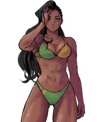 Rule 34 | 1girl, 6maker, abs, asymmetrical hair, bikini, black hair, brazil, breasts, brown eyes, cleavage, cornrows, cowboy shot, dark skin, dark-skinned female, expressionless, gluteal fold, hand in own hair, highres, laura matsuda, long hair, looking at viewer, medium breasts, muscular, muscular female, ribs, solo, standing, street fighter, street fighter v, swimsuit, thick thighs, thighs, very dark skin