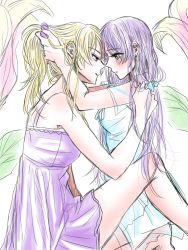 Rule 34 | 2girls, ayase eli, blonde hair, blue eyes, couple, e len, flower, green eyes, hair ornament, highres, imminent kiss, looking at another, love live!, love live! school idol project, multiple girls, purple hair, scrunchie, tojo nozomi, yuri
