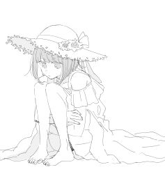 Rule 34 | 1girl, absurdres, arima kana, bob cut, closed mouth, collarbone, commentary request, dress, flower, hat, hat flower, highres, hirayama kanna, hugging own legs, inverted bob, knees up, monochrome, no shoes, off-shoulder dress, off shoulder, official art, oshi no ko, short hair, simple background, sketch, solo, sun hat, sundress, toes, white background