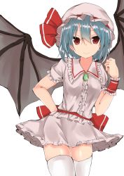 Rule 34 | 1girl, bat wings, blue hair, bow, closed mouth, cowboy shot, frills, golgi hon, hair between eyes, hat, hat bow, highres, jewelry, looking at viewer, miniskirt, mob cap, pendant, pink hat, pink skirt, red bow, red eyes, remilia scarlet, short hair, short sleeves, simple background, skirt, skirt set, smile, solo, thighhighs, touhou, white background, white thighhighs, wings, wristband, zettai ryouiki