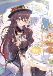 Rule 34 | 1girl, :q, absurdres, alternate costume, blush, brown dress, brown hair, cake, center frills, chair, chalkboard sign, closed mouth, commentary request, cup, day, dress, flower, flower-shaped pupils, food, fork, frills, fruit, genshin impact, hair between eyes, hand up, hat, hat flower, highres, holding, holding fork, hu tao (genshin impact), ile flottante, jewelry, komiya latte, lasagne, lemon, lemon slice, long hair, long sleeves, looking at viewer, macaron, mousse (food), on chair, orange (fruit), orange slice, outdoors, pancake, pancake stack, parfait, petals, plate, red eyes, ring, saucer, sign, sitting, smile, solo, spoon, stone floor, symbol-shaped pupils, table, tart (food), tea, tea break pancake (genshin impact), teacup, teapot, tiered tray, tongue, tongue out, tray, twintails, very long hair