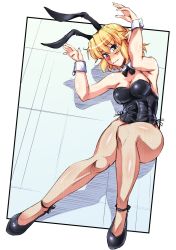 Rule 34 | 1girl, alternate costume, animal ears, armpits, bare shoulders, black leotard, black ribbon, blonde hair, blush, breasts, cleavage, closed mouth, detached collar, disembodied head, fishnet pantyhose, fishnets, full body, green eyes, highres, leotard, looking at viewer, medium breasts, mizuhashi parsee, neck ribbon, nose blush, ootsuki wataru, pantyhose, playboy bunny, pointy ears, rabbit ears, rabbit pose, ribbon, short hair, solo, touhou, wavy mouth, wrist cuffs