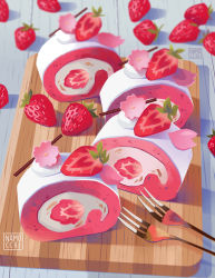 Rule 34 | absurdres, artist name, blurry, blurry background, cake, cherry blossoms, commentary, cream, english commentary, food, food focus, fork, fruit, highres, namocchi, no humans, original, plate, shadow, strawberry, swiss roll