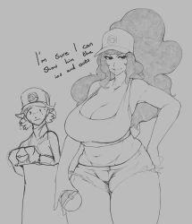 Rule 34 | 1boy, 1girl, absurdres, bare shoulders, baseball cap, breasts, cleavage, collarbone, creatures (company), curvy, denim, denim shorts, english text, game freak, grey background, hand on own hip, hat, highres, hilbert (pokemon), hilda (pokemon), huge breasts, long hair, monochrome, navel, nintendo, poke ball, pokemon, pokemon bw, ponytail, shorts, size difference, sketch, smile, smoxul, stomach, tank top, thick thighs, thighs, wide hips