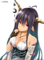 Rule 34 | 10s, 1girl, antenna hair, artist name, bad id, bad pixiv id, bandaged arm, bandages, bare shoulders, biting, black hair, breasts, brown gloves, character name, danua, draph, fingerless gloves, gloves, granblue fantasy, hair between eyes, horns, jewelry, long hair, medium breasts, necklace, pink eyes, pointy ears, simple background, solo, thumb biting, upper body, very long hair, white background, yatsuka (846)