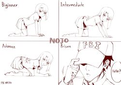 Rule 34 | 1boy, 1girl, 4koma, 9nojo, all fours, artist name, beginner intermediate advanced expert (meme), bent over, collarbone, comic, commentary, english text, engrish text, fate/kaleid liner prisma illya, fate (series), fbi, from side, highres, illyasviel von einzbern, kneehighs, long hair, looking at viewer, meme, pleated skirt, ranguage, shirt, short hair, short sleeves, simple background, skirt, socks, square 4koma, white background