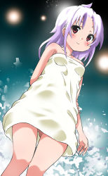 Rule 34 | 1girl, akira (umihan), bare shoulders, breasts, female focus, highres, night, original, outdoors, purple hair, red eyes, short hair, small breasts, smile, solo, standing, thighs, towel