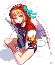 Rule 34 | 1girl, angel wings, armband, bare legs, barefoot, between legs, black shorts, bow, cable, collarbone, dolphin shorts, drawstring, feathered wings, green bow, halo, hand between legs, hat, hat bow, highres, hood, hood up, hoodie, indian style, long sleeves, looking at viewer, open mouth, orange hair, original, parted lips, pink lips, red eyes, red hoodie, rinotuna, short hair, short shorts, shorts, simple background, sitting, solo, spread wings, star (symbol), star print, teeth, upper teeth only, white background, wings