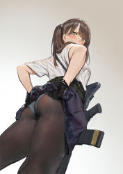 Rule 34 | 1girl, adjusting clothes, ass, assault rifle, belt, black pantyhose, blouse, blush, brown eyes, brown hair, cancer (zjcconan), clothes lift, commentary request, copyright request, from behind, from below, grey background, grey panties, gun, gusset, highres, lifted by self, long hair, looking at viewer, looking back, miniskirt, panties, panties under pantyhose, pantyhose, pleated skirt, purple skirt, rifle, see-through, shirt, short sleeves, simple background, skirt, skirt lift, solo, standing, thighs, twintails, underwear, upskirt, v-shaped eyebrows, weapon, weapon request, wet, wet clothes, wet shirt, white shirt