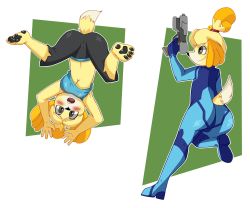 Rule 34 | 1girl, absurdres, alternate costume, animal crossing, animal ears, animal hands, arch (4rch), arm up, armpits, arms up, ass, barefoot, bell, black pants, blonde hair, blue bodysuit, blue shirt, blush, bodysuit, breasts, cameltoe, closed mouth, clothes writing, cosplay, dog ears, dog girl, dog tail, embarrassed, english text, female focus, from behind, full body, furry, furry female, green background, grey eyes, gun, hair bell, hair ornament, hair tie, handgun, happy, high heels, highres, holding, isabelle (animal crossing), jingle bell, jpeg artifacts, leg up, looking at viewer, looking up, medium breasts, midriff, multiple views, navel, nintendo, no bra, open mouth, outline, pants, samus aran (cosplay), shiny clothes, shirt, short hair, simple background, sleeveless, sleeveless shirt, smile, spread legs, standing, standing on one leg, tail, teeth, topknot, two-tone background, underboob, upside-down, weapon, white background, white outline, wii fit trainer (cosplay), zero suit