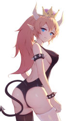 Rule 34 | 1girl, armlet, arms at sides, ass, asymmetrical legwear, back, backless outfit, backlighting, bare shoulders, black leotard, black thighhighs, blonde hair, blue eyes, bowsette, bracelet, breasts, closed mouth, covered erect nipples, cowboy shot, crown, demon tail, empty eyes, from side, hair between eyes, halterneck, high ponytail, highres, horns, jewelry, legs apart, leotard, long hair, long pointy ears, looking at viewer, looking back, looking to the side, mario (series), medium breasts, mismatched legwear, new super mario bros. u deluxe, nintendo, parted bangs, pointy ears, ponytail, raised eyebrows, revision, sad, see-through, sideboob, simple background, solo, spiked armlet, spiked bracelet, spikes, super crown, tail, thighhighs, user evv5870, white background