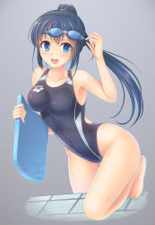 Rule 34 | 1girl, black hair, blue eyes, competition swimsuit, goggles, goggles on head, highleg, highleg swimsuit, highres, kickboard, long hair, one-piece swimsuit, original, ponytail, solo, swimsuit, umitonakai
