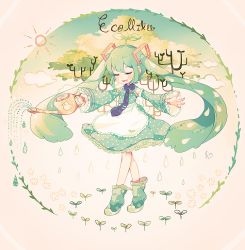 Rule 34 | 1girl, dress, closed eyes, floating hair, green hair, hatsune miku, long hair, necktie, plant, solo, souno kazuki, twintails, very long hair, vocaloid, watering can