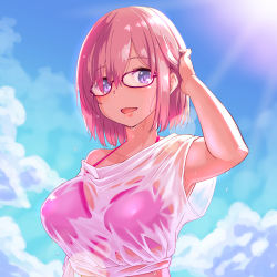 Rule 34 | 1girl, alternate costume, armpit peek, bikini, bikini under clothes, blouse, blue sky, breasts, cloud, day, fate/grand order, fate (series), glasses, light smile, looking to the side, mash kyrielight, medium breasts, open mouth, pink-framed eyewear, pink bikini, pink hair, purple eyes, see-through, shirt, short hair, short sleeves, sky, solo, sunlight, swimsuit, upper body, wet, wet clothes, wet hair, wet shirt, white shirt, zaxwu