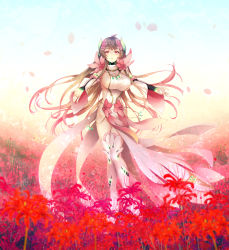 Rule 34 | 1girl, absurdres, breasts, brown hair, deep one (game), dress, feet, field, flower, full body, game cg, groin, hair flower, hair ornament, highres, hip focus, itsukino konoka, jewelry, large breasts, legs, legs together, long hair, looking at viewer, natsuhiko, necklace, no panties, original, outstretched arms, parted lips, petals, red eyes, simple background, solo, standing, thighs, turtleneck, wide sleeves