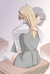 Rule 34 | 2girls, annoyed, between legs, blonde hair, blue eyes, blush, bow, clenched teeth, closed eyes, commentary request, desk, grey background, hair bow, hairband, half-closed eyes, hand between legs, hand on another&#039;s back, hand under clothes, head on another&#039;s shoulder, heanna sumire, highres, hug, implied fingering, kikorinolily, light brown hair, long hair, love live!, love live! superstar!!, multiple girls, on desk, parted lips, red hairband, school desk, school uniform, short hair, sitting, on desk, sketch, tang keke, teeth, thighhighs, twitching, yuigaoka school uniform, yuri, zettai ryouiki