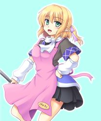 Rule 34 | 1girl, adapted costume, apron, aqua background, arm warmers, blonde hair, green eyes, hand on own hip, isaki (gomi), looking at viewer, mizuhashi parsee, open mouth, pointy ears, scarf, shirt, short sleeves, simple background, skirt, smile, solo, touhou