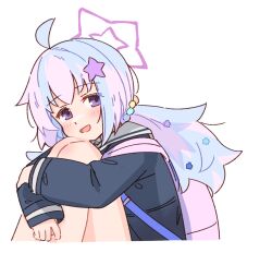 Rule 34 | 1girl, ahoge, backpack, bag, black jacket, blue archive, blush, feet out of frame, hair ornament, halo, highres, jacket, long hair, long sleeves, multicolored hair, open mouth, pink hair, purple eyes, purple hair, purple halo, reisa (blue archive), shiromoca, simple background, smile, solo, star (symbol), star hair ornament, white background
