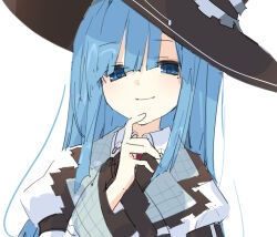 Rule 34 | 1girl, blue eyes, blue hair, blunt bangs, bubun oo, closed mouth, coat, hand up, hat, highres, hime cut, index finger raised, long sleeves, looking at viewer, mages., mole, mole under eye, neptune (series), simple background, smile, solo, upper body, white background, witch hat