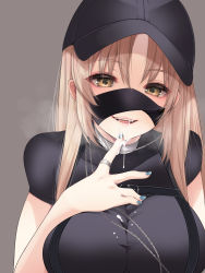 Rule 34 | 1girl, after fellatio, ass, baseball cap, black hat, black nails, black shirt, breasts, chest harness, clothed sex, commentary request, cum, cum in mouth, cum on body, cum on breasts, cum on clothes, cum on upper body, dolo, fingernails, fujisaki hikari, harness, hat, highres, impossible clothes, impossible shirt, jewelry, large breasts, light brown hair, long hair, looking at viewer, mask, mask lift, mouth mask, nail polish, neck ring, nijisanji, official alternate costume, paid reward available, seductive smile, shirt, sister claire, sister claire (9th costume), skin tight, smile, straight hair, t-shirt, taut clothes, taut shirt, upper body, virtual youtuber, white shirt, yellow eyes