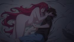 Rule 34 | 1boy, 1girl, animated, animated gif, ass, bed, blue eyes, breasts, brown hair, clothed male nude female, high school dxd, hug, hyoudou issei, lowres, nipples, nude, red hair, rias gremory, screencap