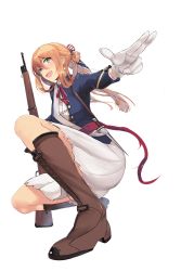Rule 34 | 1girl, :d, absurdres, bolt action, boots, brown footwear, brown hair, girls&#039; frontline, gloves, green eyes, gun, hair rings, highres, i.f.s.f, knee boots, long hair, m1903 springfield, military, military uniform, open mouth, ponytail, rifle, skirt, smile, solo, springfield (girls&#039; frontline), uniform, weapon, white background, white gloves, white skirt