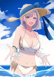 Rule 34 | 1girl, absurdres, bikini, bracelet, braid, braided bangs, breasts, earrings, front braid, green eyes, hat, highres, hololive, hololive indonesia, jewelry, large breasts, looking at viewer, navel, open mouth, pavolia reine, pavolia reine (peahen), peahen, ribbon, short hair, simple background, single braid, smile, solo, standing, swimsuit, virtual youtuber, water, white bikini, white hair