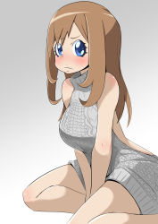Rule 34 | 10s, 1girl, bare shoulders, between legs, blue eyes, blush, breasts, brown hair, closed mouth, female focus, gradient background, grey background, grey sweater, hand between legs, highres, long hair, looking at viewer, meme attire, mikomo, own hands together, shiny skin, simple background, sitting, solo, sweater, thighs, v arms, viktoriya ivanovna serebryakov, virgin killer sweater, youjo senki