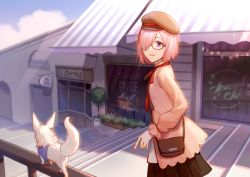Rule 34 | 1girl, alternate breast size, alternate costume, bag, black skirt, breasts, brown bag, brown headwear, cafe, commentary request, day, fate/grand order, fate (series), fou (fate), from side, glasses, hair over one eye, jacket, light purple hair, long sleeves, looking at viewer, mash kyrielight, outdoors, parted lips, pink jacket, pleated skirt, purple eyes, red ribbon, ribbon, shirt, short hair, skirt, smile, wanchong, white shirt