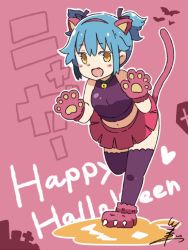 Rule 34 | 1girl, :d, alternate hairstyle, animal ears, animal hands, bat (animal), bell, blue hair, blush stickers, cat ears, commentary request, crop top, fake animal ears, fang, full body, gloves, hair ribbon, hairband, halloween, happy halloween, heart, jack-o&#039;-lantern, jingle bell, looking at viewer, miniskirt, navel, nyan, open mouth, outline, paw gloves, paw shoes, personification, pink skirt, purple shirt, purple thighhighs, ribbon, shirt, short twintails, sidelocks, signature, skirt, sleeveless, sleeveless shirt, smile, solo, standing, standing on one leg, tail, thighhighs, tsukigi, twintails, twitter, twitter-san, twitter-san (character), white outline, yellow eyes