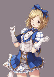Rule 34 | 10s, 1girl, :d, ;d, alternate costume, blonde hair, blue bow, bow, brown eyes, cowboy shot, djeeta (granblue fantasy), earrings, eyebrows, gloves, granblue fantasy, hair bow, jewelry, kimi to boku no mirai, lace, lace-trimmed gloves, lace trim, looking at viewer, one eye closed, open mouth, oukatihiro, plaid, plaid bow, plaid skirt, ribbon-trimmed clothes, ribbon trim, short hair, simple background, skirt, smile, solo, white gloves