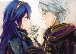 Rule 34 | 1boy, 1girl, ameno (a meno0), armor, black gloves, blue eyes, blue hair, brown eyes, closed mouth, couple, daisy, eye contact, fingerless gloves, fire emblem, fire emblem awakening, flower, from side, gloves, hair between eyes, holding, holding flower, long hair, looking at another, looking at viewer, lucina (fire emblem), nintendo, robin (fire emblem), robin (male) (fire emblem), shoulder armor, silver hair, smile, upper body, white background, white flower