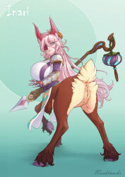 Rule 34 | 1girl, animal ear fluff, animal ears, anus, aqua background, armor, artist name, breasts, brown fur, centauroid, character name, commentary, deer tail, english commentary, from behind, full body, gauntlets, hair between eyes, highres, holding, holding staff, hooves, huge breasts, long hair, looking at viewer, monster girl, multiple legs, nachtmahr, one eye covered, original, parted lips, pelvic curtain, pink hair, purple eyes, pussy, shadow, shoulder armor, sidelocks, simple background, solo, staff, standing, standing on three legs, tail, taur, uncensored, very long hair