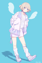 Rule 34 | 1girl, :3, absurdres, ama (ama ekaku), angel wings, arms behind back, baggy socks, blonde hair, blue background, choker, closed mouth, collarbone, commentary, dot nose, highres, hololive, hololive dev is, jacket, leaning to the side, looking at viewer, multicolored hair, open clothes, open jacket, pants, purple choker, purple eyes, purple hair, purple jacket, purple pants, shirt, shoes, short hair, simple background, smile, socks, solo, standing, streaked hair, todoroki hajime, twitter username, two-tone hair, two side up, virtual youtuber, white footwear, white shirt, white socks, wings